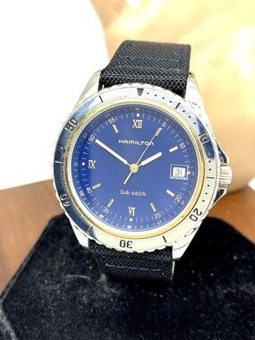 Hamilton Sub 660 Men's Watch 9744A Vintage Swiss Quartz Blue Dial Leather 38mm